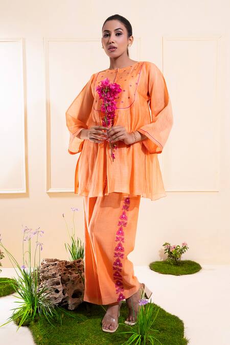 Shop_The White Tree Studio_Peach Chanderi Embroidery, Applique Round Neck Front Gathers Set _Online_at_Aza_Fashions