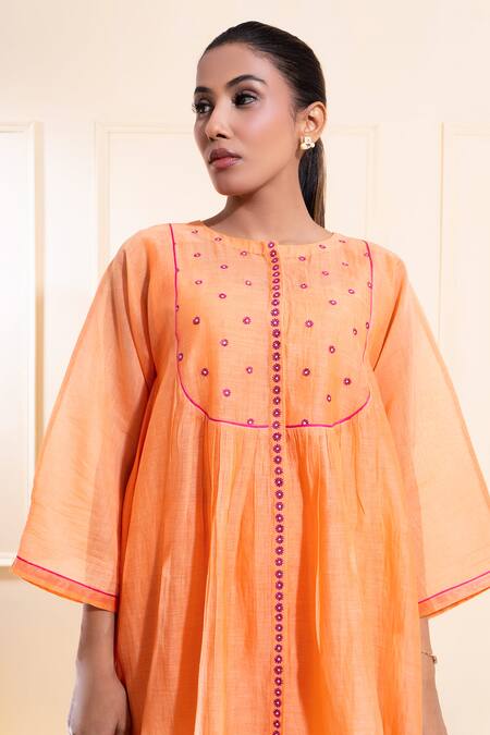 Shop_The White Tree Studio_Peach Chanderi Embroidery, Applique Round Neck Front Gathers Set 