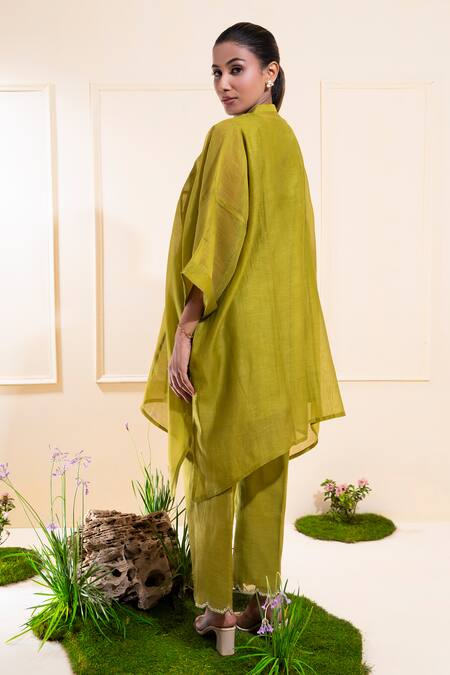 Buy_The White Tree Studio_Green Chanderi Applique, Embroidery Round Neck Moss Pleated Panel Set _Online_at_Aza_Fashions
