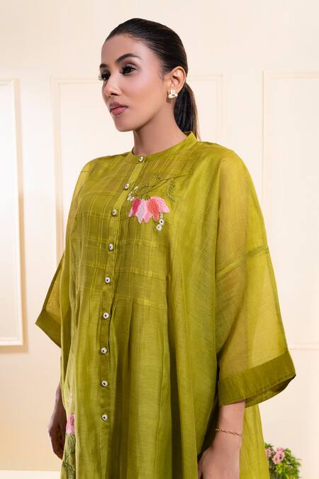 The White Tree Studio_Green Chanderi Applique, Embroidery Round Neck Moss Pleated Panel Set _at_Aza_Fashions