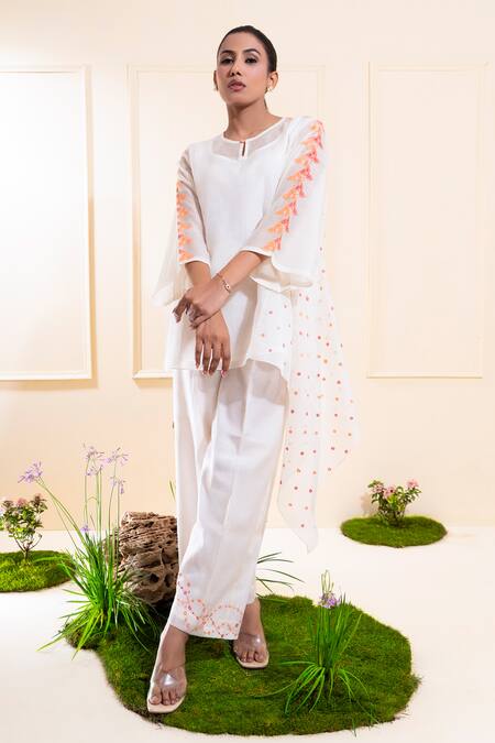 The White Tree Studio_White Chanderi Embroidery, Applique Round Neck, Cascading Pant Co-ord Set _Online_at_Aza_Fashions