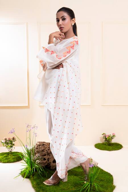 Buy_The White Tree Studio_White Chanderi Embroidery, Applique Round Neck, Cascading Pant Co-ord Set _Online_at_Aza_Fashions