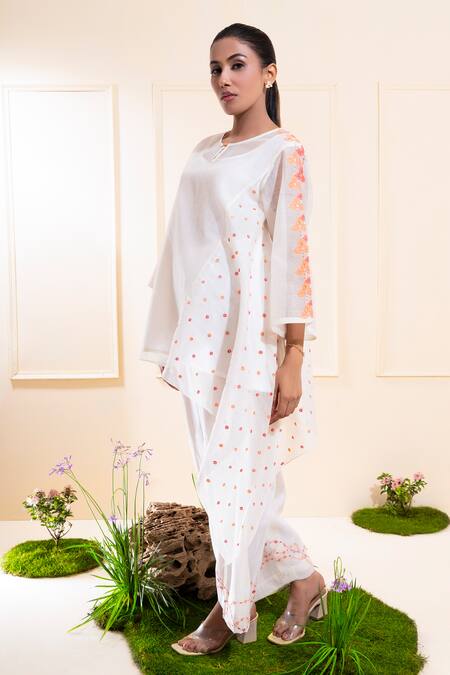 Shop_The White Tree Studio_White Chanderi Embroidery, Applique Round Neck, Cascading Pant Co-ord Set _Online_at_Aza_Fashions