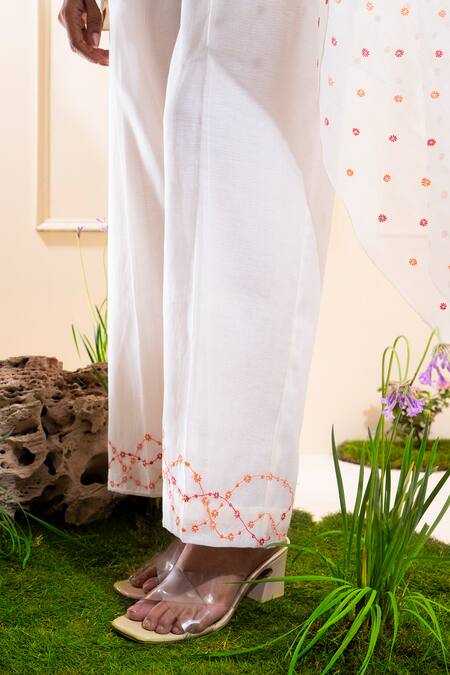 The White Tree Studio_White Chanderi Embroidery, Applique Round Neck, Cascading Pant Co-ord Set _at_Aza_Fashions