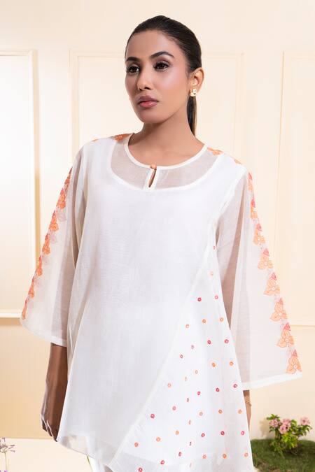 Shop_The White Tree Studio_White Chanderi Embroidery, Applique Round Neck, Cascading Pant Co-ord Set 