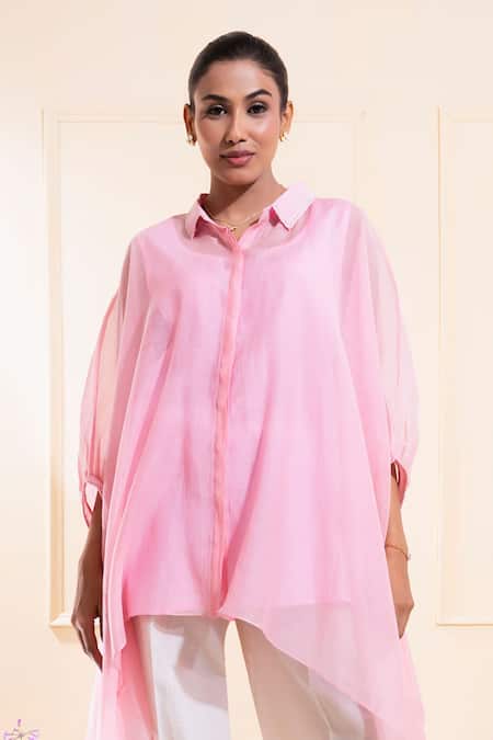 The White Tree Studio_Pink Chanderi Applique, Embroidery Collared Blush Kaftan And Pant Set _Online_at_Aza_Fashions