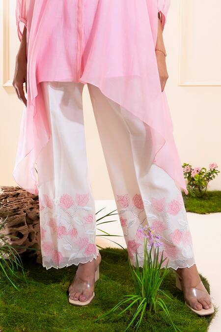 Shop_The White Tree Studio_Pink Chanderi Applique, Embroidery Collared Blush Kaftan And Pant Set _Online_at_Aza_Fashions