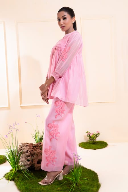 The White Tree Studio_Pink Chanderi Embroidery, Applique Mandarin Collar Smocking Pant Co-ord Set _Online_at_Aza_Fashions