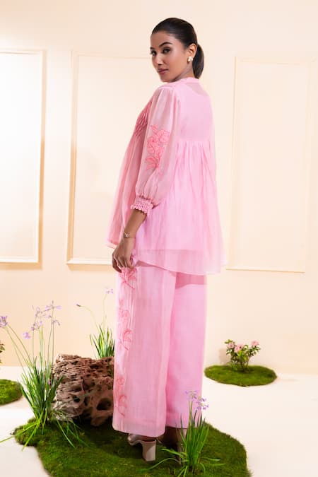 Buy_The White Tree Studio_Pink Chanderi Embroidery, Applique Mandarin Collar Smocking Pant Co-ord Set _Online_at_Aza_Fashions