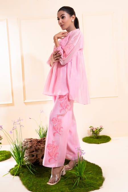 Shop_The White Tree Studio_Pink Chanderi Embroidery, Applique Mandarin Collar Smocking Pant Co-ord Set _Online_at_Aza_Fashions