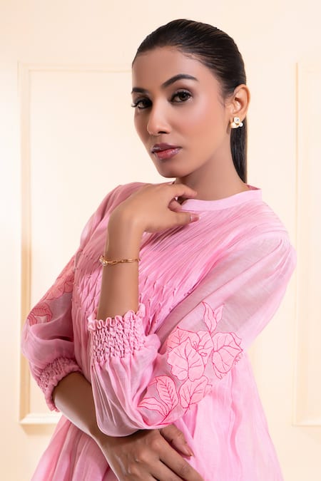 Buy_The White Tree Studio_Pink Chanderi Embroidery, Applique Mandarin Collar Smocking Pant Co-ord Set 