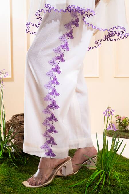 Buy_The White Tree Studio_White Chanderi Embroidery, Cut Work, Applique V-neck Smocking Co-ord Set _Online_at_Aza_Fashions