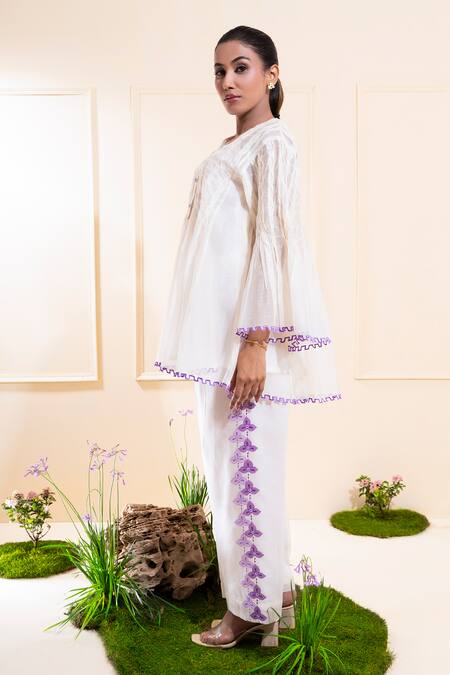 Shop_The White Tree Studio_White Chanderi Embroidery, Cut Work, Applique V-neck Smocking Co-ord Set _Online_at_Aza_Fashions