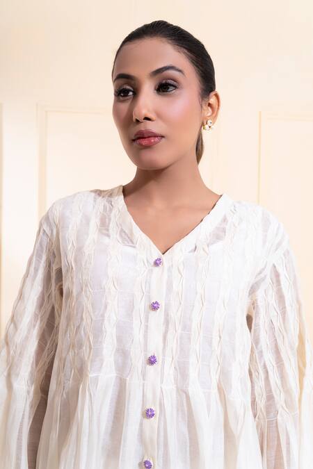 Shop_The White Tree Studio_White Chanderi Embroidery, Cut Work, Applique V-neck Smocking Co-ord Set 