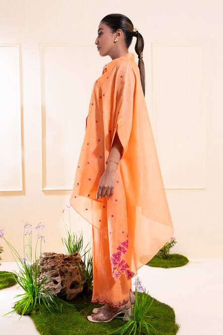 The White Tree Studio_Peach Chanderi Embroidery, Applique Collared Asymmetrical Kaftan Set _Online_at_Aza_Fashions