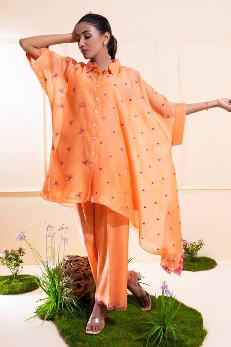 Shop_The White Tree Studio_Peach Chanderi Embroidery, Applique Collared Asymmetrical Kaftan Set _Online_at_Aza_Fashions