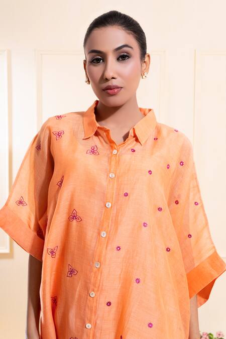 Shop_The White Tree Studio_Peach Chanderi Embroidery, Applique Collared Asymmetrical Kaftan Set 