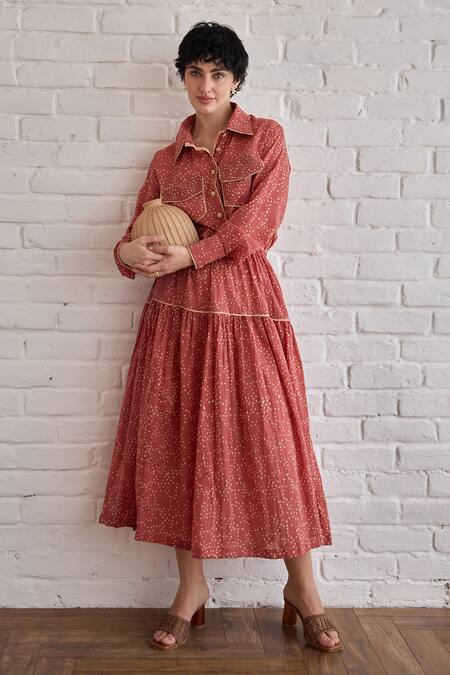 Taro Red Cotton Collared Confetti Dot Printed Rose Whisper Dress Online at Aza Fashions Taro_Red Cotton Collared Confetti Dot Printed Rose Whisper Dress _Online_at_Aza_Fashions
