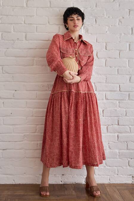Taro Red Cotton Collared Confetti Dot Printed Rose Whisper Dress at Aza Fashions Taro_Red Cotton Collared Confetti Dot Printed Rose Whisper Dress _at_Aza_Fashions