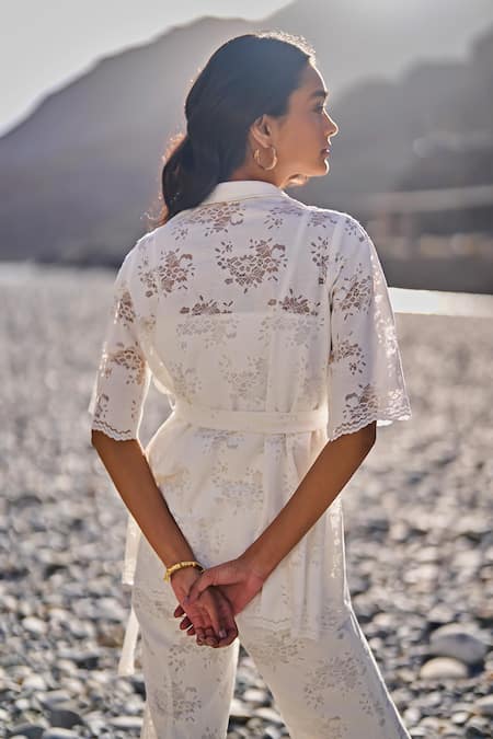 Dash And Dot_White Cotton, Nylon Embroidery Collared Scalloped Lace Shirt And Pant Set _Online_at_Aza_Fashions