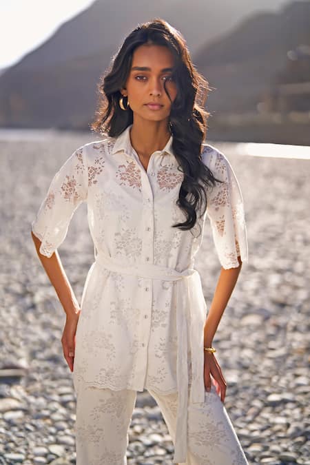 Buy_Dash And Dot_White Cotton, Nylon Embroidery Collared Scalloped Lace Shirt And Pant Set _Online_at_Aza_Fashions