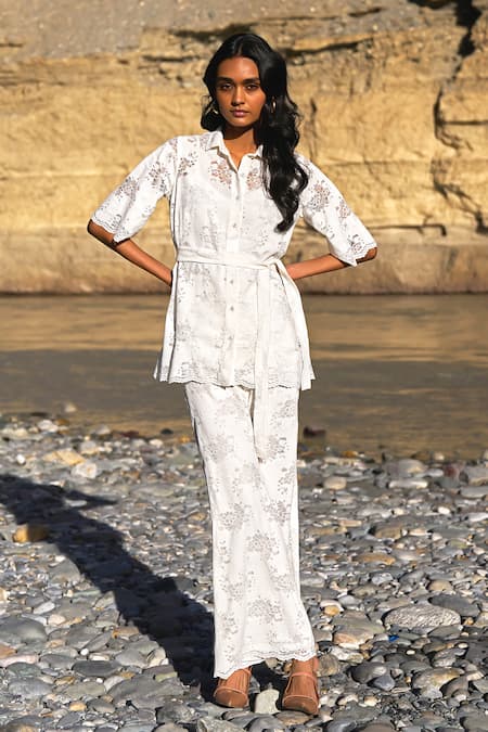 Shop_Dash And Dot_White Cotton, Nylon Embroidery Collared Scalloped Lace Shirt And Pant Set _Online_at_Aza_Fashions