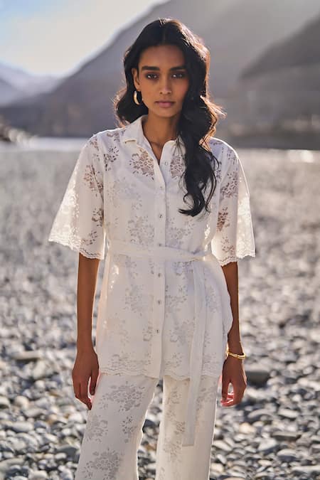 Dash And Dot_White Cotton, Nylon Embroidery Collared Scalloped Lace Shirt And Pant Set _at_Aza_Fashions