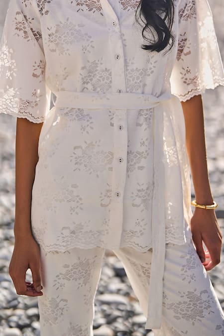 Shop_Dash And Dot_White Cotton, Nylon Embroidery Collared Scalloped Lace Shirt And Pant Set 