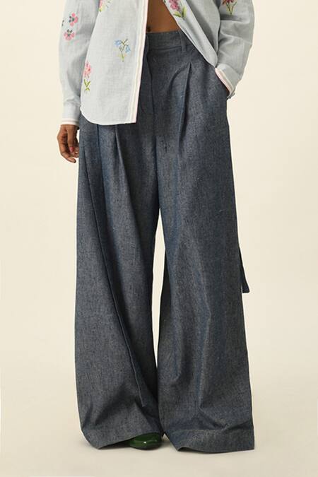 Payal Pratap Blue Denim Belted Wide-leg Pants Online at Aza Fashions Payal Pratap_Blue Denim Belted Wide-leg Pants _Online_at_Aza_Fashions