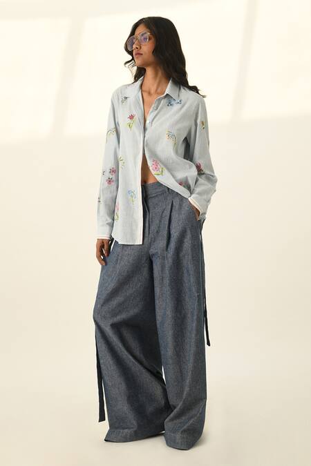 Buy Payal Pratap Blue Denim Belted Wide-leg Pants Online at Aza Fashions Buy_Payal Pratap_Blue Denim Belted Wide-leg Pants _Online_at_Aza_Fashions