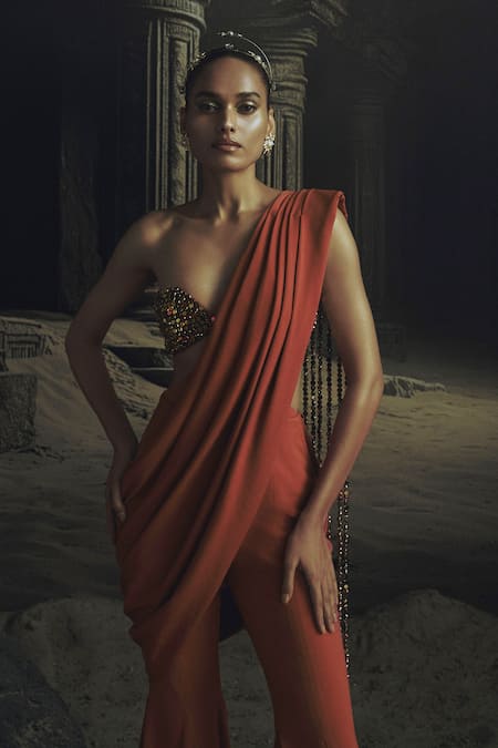 Nikhil Thampi_Rust Beads Sweetheart Neck Metallic Embroidered Pant Saree With Blouse _Online_at_Aza_Fashions