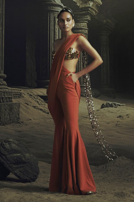 Buy_Nikhil Thampi_Rust Beads Sweetheart Neck Metallic Embroidered Pant Saree With Blouse _Online_at_Aza_Fashions