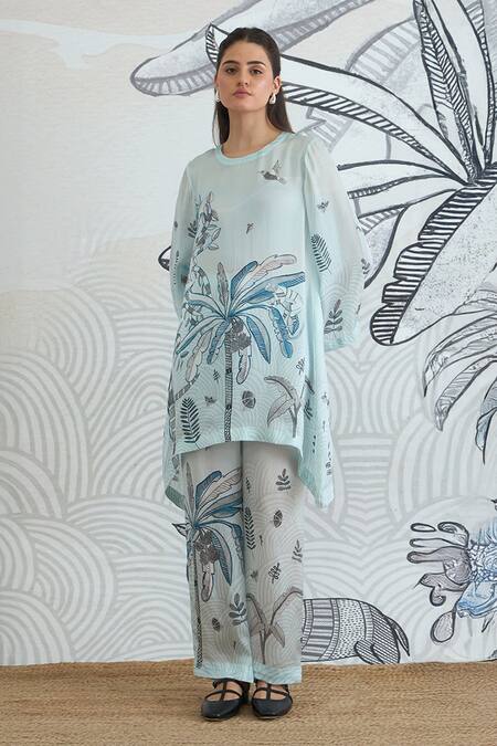 Buy Shivani Bhargava Blue Silk Satin Round Neck Powder Digital Print Co-ord Set Online at Aza Fashions Buy_Shivani Bhargava_Blue Silk Satin Round Neck Powder Digital Print Co-ord Set _Online_at_Aza_Fashions