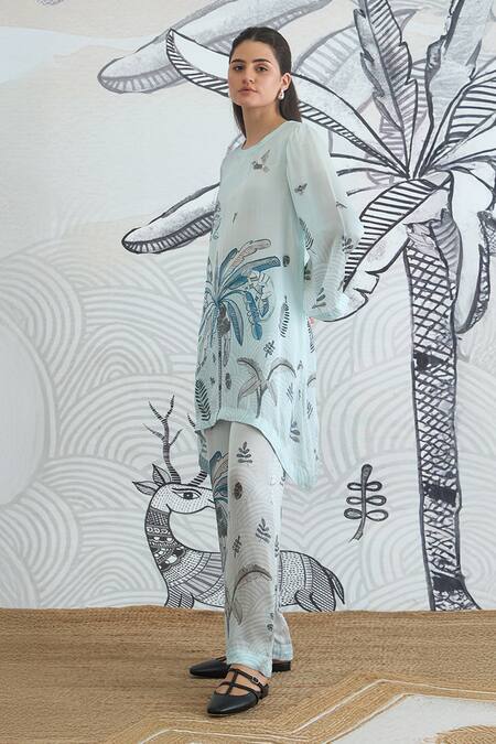 Shop Shivani Bhargava Blue Silk Satin Round Neck Powder Digital Print Co-ord Set Online at Aza Fashions Shop_Shivani Bhargava_Blue Silk Satin Round Neck Powder Digital Print Co-ord Set _Online_at_Aza_Fashions