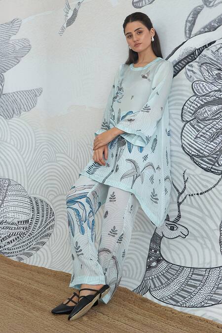 Buy Shivani Bhargava Blue Silk Satin Round Neck Powder Digital Print Co-ord Set Buy_Shivani Bhargava_Blue Silk Satin Round Neck Powder Digital Print Co-ord Set