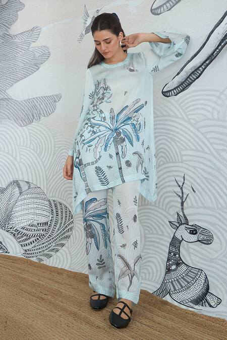 Shop Shivani Bhargava Blue Silk Satin Round Neck Powder Digital Print Co-ord Set Shop_Shivani Bhargava_Blue Silk Satin Round Neck Powder Digital Print Co-ord Set