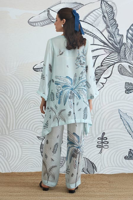 Shop_Shivani Bhargava_Blue Silk Satin Round Neck Powder Digital Print Tunic _at_Aza_Fashions