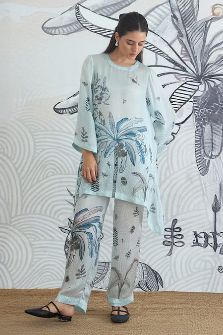 Buy_Shivani Bhargava_Blue Silk Satin Round Neck Powder Digital Print Tunic _Online_at_Aza_Fashions