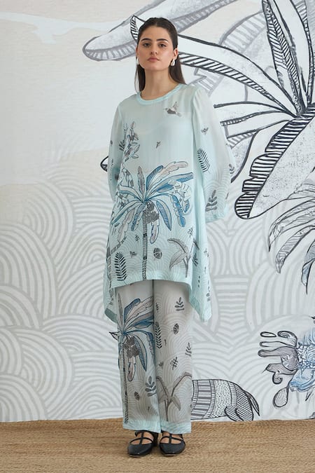 Shop_Shivani Bhargava_Blue Silk Satin Round Neck Powder Digital Print Tunic _Online_at_Aza_Fashions