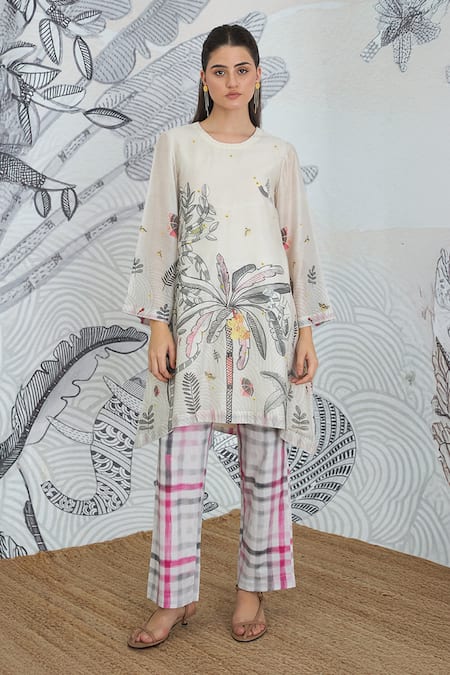 Shop_Shivani Bhargava_Beige Chanderi, Cotton Round Neck Digital Print Tunic And Check Pants Set _Online_at_Aza_Fashions