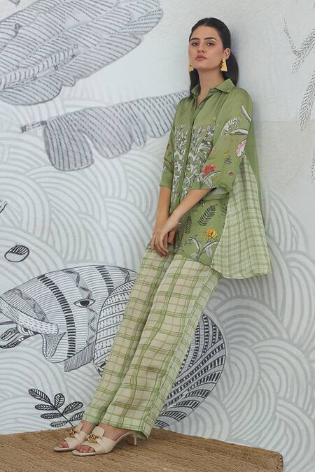 Shivani Bhargava_Green Silk Satin Embroidery Collared Asymmetrical Digital Print Shirt And Pant _Online_at_Aza_Fashions