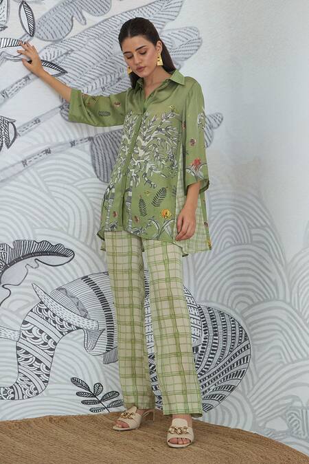 Buy_Shivani Bhargava_Green Silk Satin Embroidery Collared Asymmetrical Digital Print Shirt And Pant _Online_at_Aza_Fashions