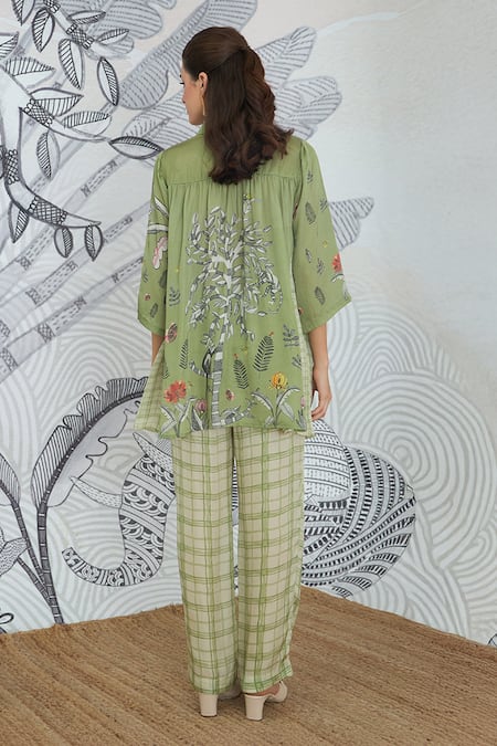 Shop_Shivani Bhargava_Green Silk Satin Collared Digital Print Asymmetrical Shirt _at_Aza_Fashions