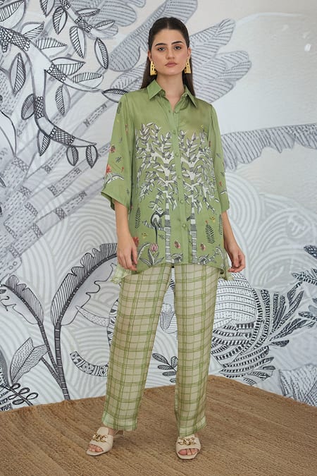 Shop_Shivani Bhargava_Green Silk Satin Collared Digital Print Asymmetrical Shirt _Online_at_Aza_Fashions