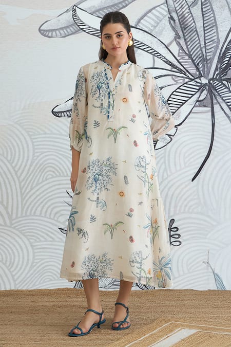 Shivani Bhargava Ivory Chanderi Split V-neck Jungle Frill Dress