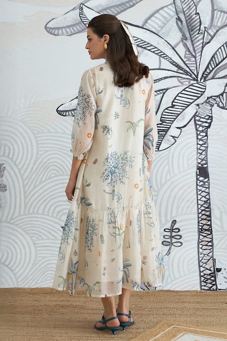 Shop Shivani Bhargava Ivory Chanderi Split V-neck Jungle Frill Dress at Aza Fashions Shop_Shivani Bhargava_Ivory Chanderi Split V-neck Jungle Frill Dress _at_Aza_Fashions