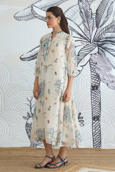 Shivani Bhargava Ivory Chanderi Split V-neck Jungle Frill Dress Online at Aza Fashions Shivani Bhargava_Ivory Chanderi Split V-neck Jungle Frill Dress _Online_at_Aza_Fashions