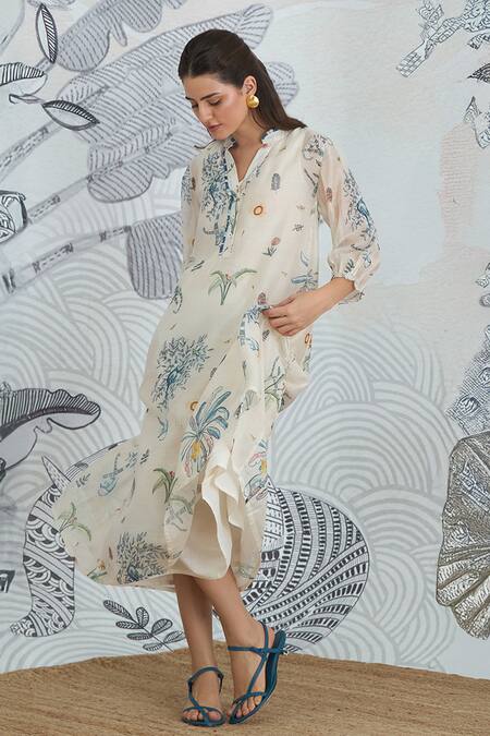 Shop Shivani Bhargava Ivory Chanderi Split V-neck Jungle Frill Dress Online at Aza Fashions Shop_Shivani Bhargava_Ivory Chanderi Split V-neck Jungle Frill Dress _Online_at_Aza_Fashions