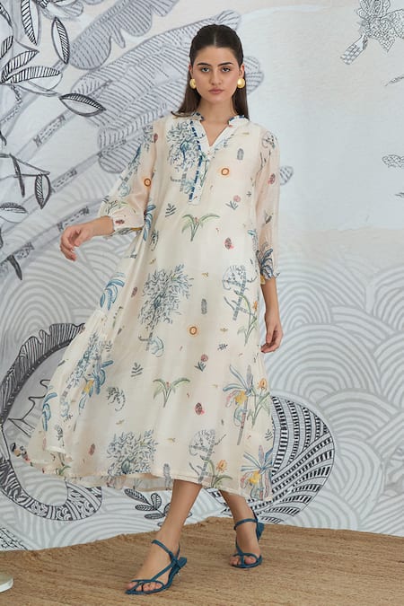 Shivani Bhargava Ivory Chanderi Split V-neck Jungle Frill Dress at Aza Fashions Shivani Bhargava_Ivory Chanderi Split V-neck Jungle Frill Dress _at_Aza_Fashions