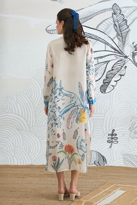 Shop Shivani Bhargava Ivory Silk Satin Collared Jungle Shirt Dress at Aza Fashions Shop_Shivani Bhargava_Ivory Silk Satin Collared Jungle Shirt Dress _at_Aza_Fashions